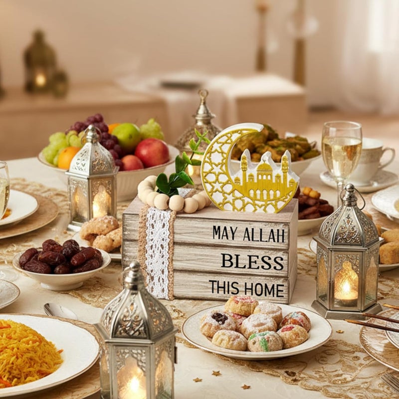 Anglechic Eid Mubarak Decorations Wood Ramadan Decorations for Home Ramadan Mubarak Table Sign Golden Moon Eid Tiered Tray Sign for Islamic Muslim Table Indoor Shelf Office Gifts - Image 3